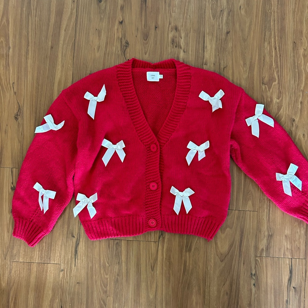 Vibrant Red Cardigan with White Bows